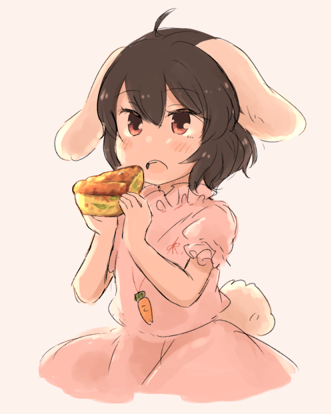 1girl ahoge animal_ears brown_hair bunny_ears bunny_tail carrot_necklace cowboy_shot dress eating food hands_up inaba_tewi inazakura00 looking_at_viewer open_mouth pink_dress puffy_short_sleeves puffy_sleeves quiche red_eyes short_sleeves simple_background solo tail touhou white_background