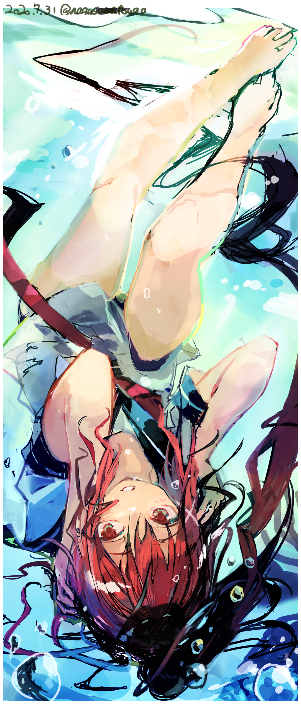 1girl bangs barefoot bubble dated hair_ornament highres i-168_(kantai_collection) kantai_collection long_hair nagasawa_tougo one-piece_swimsuit parted_lips ponytail red_eyes red_hair sailor_collar short_sleeves sidelocks solo swimsuit swimsuit_under_clothes twitter_username underwater upside-down water x_hair_ornament
