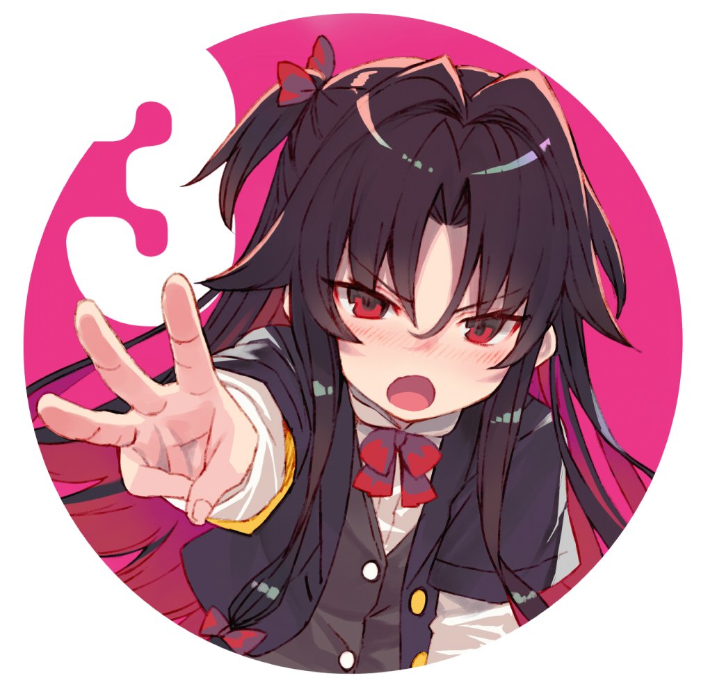 1girl :o bangs black_hair black_jacket blush bow brown_vest countdown eyebrows_visible_through_hair fingernails hair_between_eyes hair_bow jacket long_hair long_sleeves looking_at_viewer multicolored_hair nose_blush open_mouth outstretched_arm red_bow red_eyes red_hair ryuuou_no_oshigoto! shirabi shirt short_over_long_sleeves short_sleeves solo two-tone_hair very_long_hair vest w white_shirt yashajin_ai