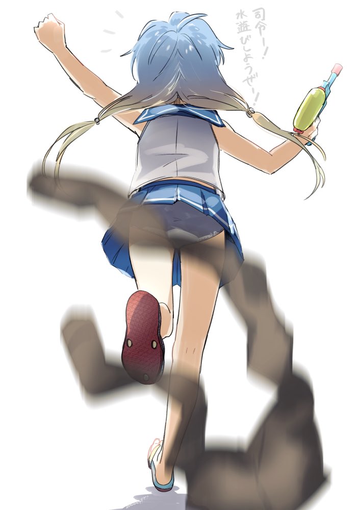 1girl blonde_hair blue_hair blue_sailor_collar blue_skirt blurry commentary_request depth_of_field from_behind gradient_hair kantai_collection legwear_removed long_hair multicolored_hair panties pleated_skirt sado_(kantai_collection) sailor_collar sandals shirt simple_background skirt sleeveless sleeveless_shirt solo translation_request underwear white_background white_panties yamashiki_(orca_buteo)