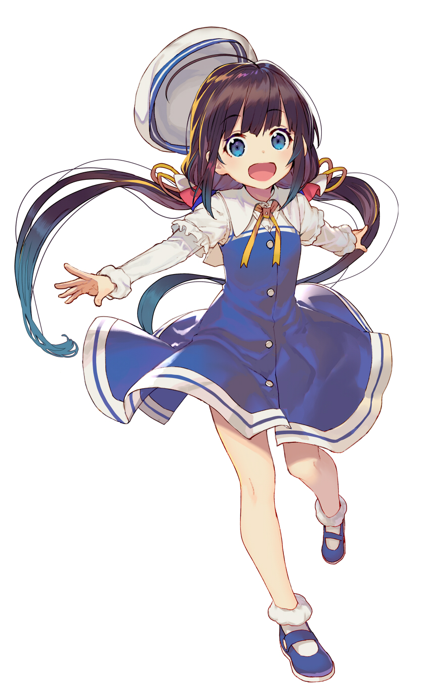 1girl ahoge beret black_hair blue_dress blue_eyes blue_footwear circle commentary_request dress eyebrows_visible_through_hair full_body happy_birthday hat highres hinatsuru_ai long_hair long_sleeves looking_at_viewer low_twintails open_mouth puffy_short_sleeves puffy_sleeves ribbon ryuuou_no_oshigoto! shirabi shoes short_over_long_sleeves short_sleeves simple_background smile socks solo twintails very_long_hair white_background white_headwear white_legwear yellow_neckwear yellow_ribbon