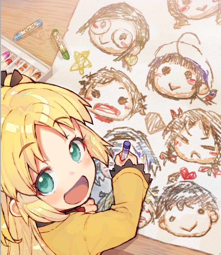 :d blonde_hair character_request charlotte_izoard child_drawing crayon drawing eyebrows_visible_through_hair from_above from_behind green_eyes holding long_hair long_sleeves looking_at_viewer looking_back looking_up open_mouth paper ryuuou_no_oshigoto! shirabi shirt smile star_(symbol) two_side_up yellow_shirt