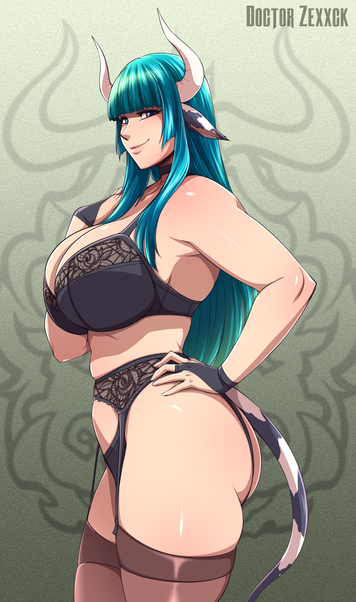 animal_humanoid beatrix_(drzexxck) big_breasts bovid bovid_humanoid bovine bovine_humanoid bra breasts cleavage clothed clothing doctorzexxck female green_hair hair hand_on_hip humanoid legwear looking_at_viewer mammal mammal_humanoid panties solo thigh_highs underwear