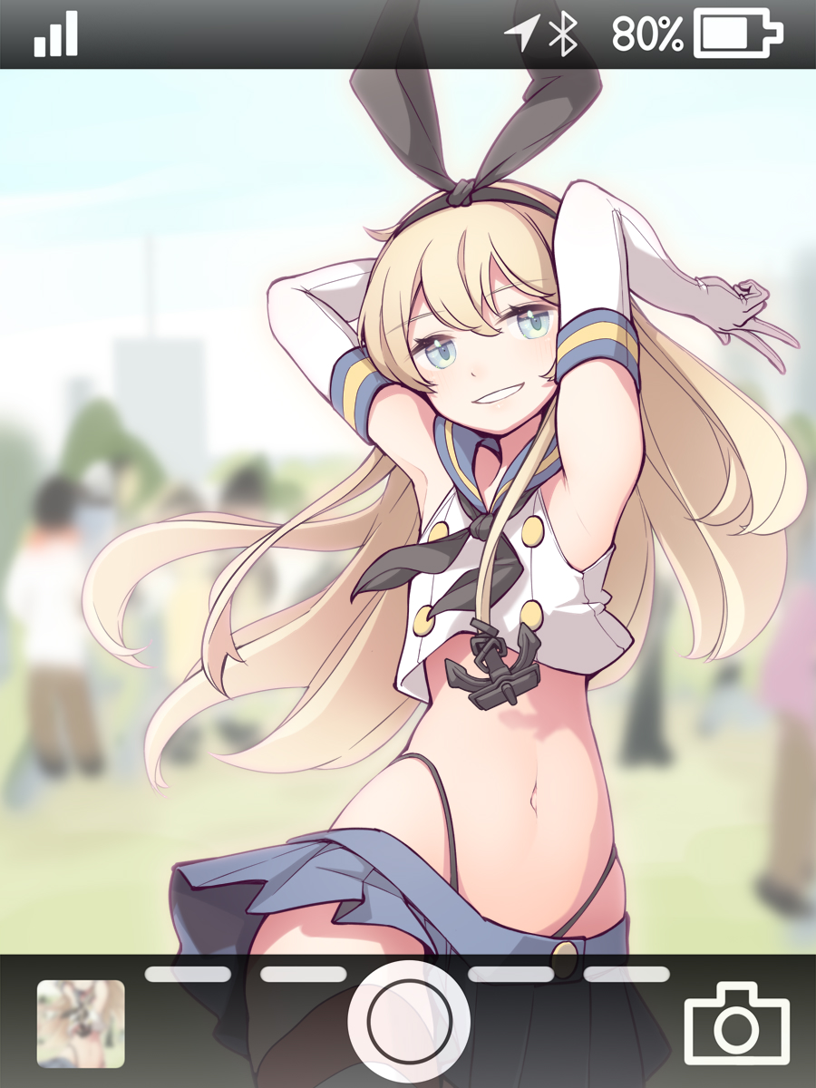 1girl aqua_eyes armpits blonde_hair blurry blurry_background bow cosplay elbow_gloves fake_screenshot gloves grin hair_bow hairband highleg highleg_panties highres kantai_collection kinakomoti long_hair miniskirt navel panties sailor_collar shimakaze_(kantai_collection) shimakaze_(kantai_collection)_(cosplay) skirt sleeveless smile solo_focus striped striped_legwear thighhighs underwear user_interface white_gloves