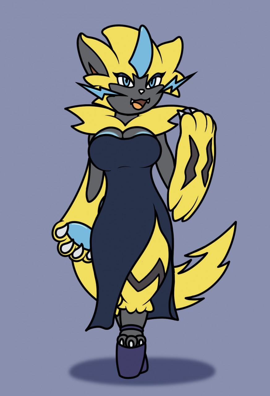 3_toes anthro breasts cleavage clothed clothing cute_fangs female hi_res legendary_pok&eacute;mon mr.under nintendo pawpads platform_footwear pok&eacute;mon pok&eacute;mon_(species) simple_background slit_dress solo toes video_games zeraora