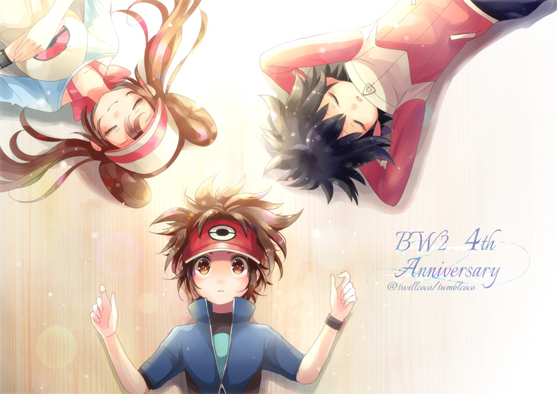 1girl 2boys anniversary arms_behind_head artist_name black_hair brown_eyes brown_hair closed_eyes closed_mouth collarbone commentary_request copyright_name double_bun hand_on_own_chest hands_up hue_(pokemon) jacket kokoroko kyouhei_(pokemon) long_hair lying mei_(pokemon) multiple_boys on_back pokemon pokemon_(game) pokemon_bw2 raglan_sleeves smile twintails two-tone_headwear visor_cap