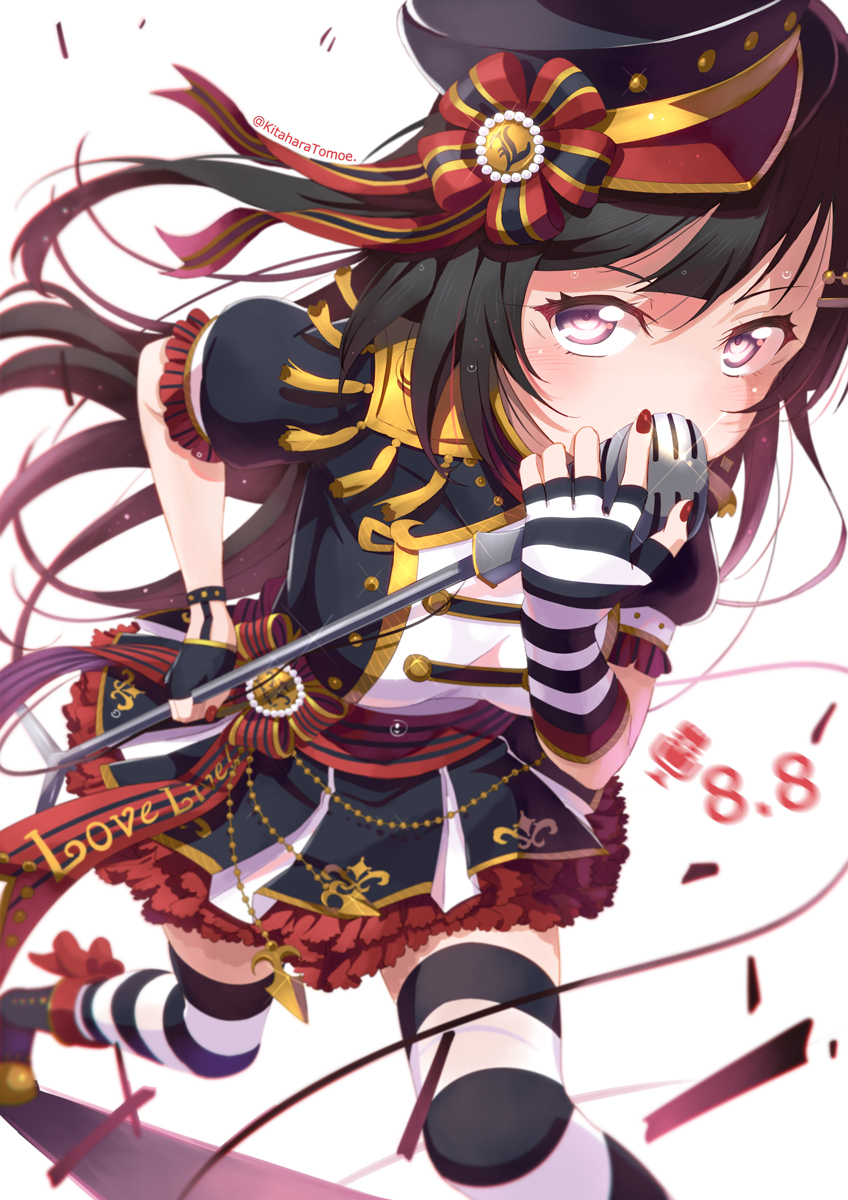 black_footwear black_hair black_headwear black_jacket boots breasts commentary dated elbow_gloves emblem english_commentary fingerless_gloves frilled_skirt frills gloves hair_ornament hairpin hat highres holding jacket kitahara_tomoe_(kitahara_koubou) long_hair looking_at_viewer love_live! love_live!_school_idol_festival love_live!_school_idol_festival_all_stars medium_breasts microphone perfect_dream_project perspective puffy_sleeves purple_eyes red_nails red_ribbon ribbon skirt striped striped_gloves striped_legwear thighhighs twitter_username white_background yuuki_setsuna_(love_live!)