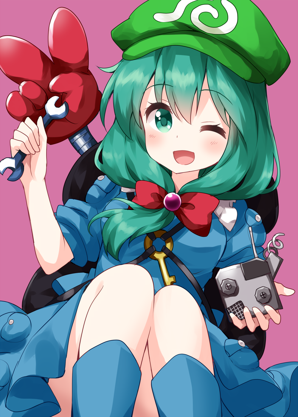 1girl ;d backpack bag bangs blue_dress blue_footwear boots bow cosplay dress eyebrows_visible_through_hair front_ponytail green_eyes green_hair green_headwear hair_between_eyes hair_bow hat highres holding holding_wrench kagiyama_hina kawashiro_nitori kawashiro_nitori_(cosplay) key long_hair looking_at_viewer mechanical_arm nobiiru_arm one_eye_closed open_mouth purple_background red_bow ruu_(tksymkw) simple_background smile solo touhou v wrench