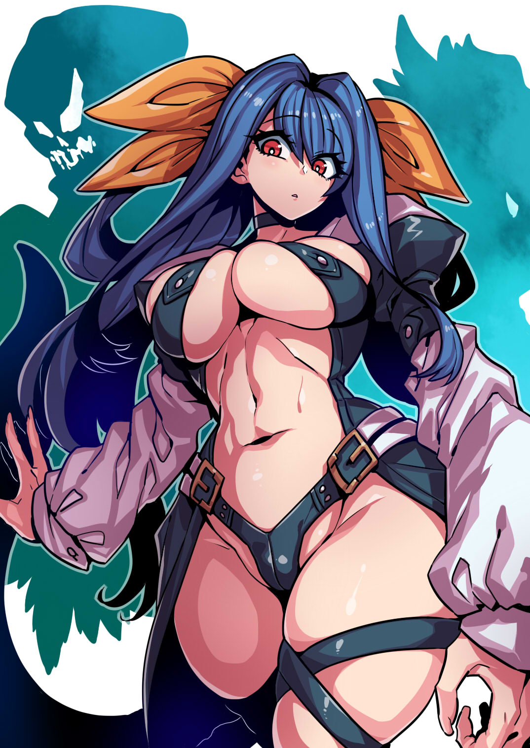 1girl areola_slip areolae asymmetrical_wings bangs belt black_panties blue_hair breast_press breasts choker cleavage detached_sleeves dizzy_(guilty_gear) eyebrows_visible_through_hair fingernails guilty_gear guilty_gear_x guilty_gear_xx hair_between_eyes hair_ribbon hair_rings highres large_breasts long_hair long_sleeves looking_at_viewer looking_down midriff monster_girl navel necro_(guilty_gear) open_mouth panties partially_visible_vulva puffy_long_sleeves puffy_sleeves red_eyes ribbon sharp_fingernails simple_background skindentation solo stomach tail thick_thighs thigh_strap thighs toned tsuki_wani twintails underwear wings yellow_ribbon