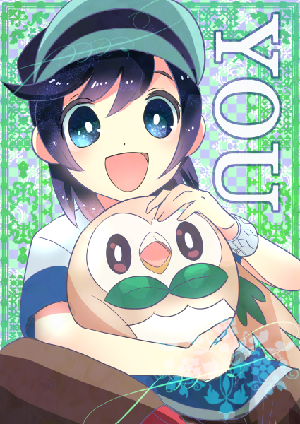 1boy :d bangs black_hair blue_eyes bracelet character_name commentary_request gen_7_pokemon green_headwear happy hat holding holding_pokemon jewelry kokoroko open_mouth petting pokemon pokemon_(creature) pokemon_(game) pokemon_sm rowlet shirt short_sleeves smile tongue you_(pokemon)