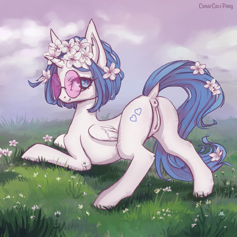 1:1 accessory anus ass_up blue_eyes blue_mane blue_tail butt dock equid eyewear fan_character feathered_wings feathers female feral field flower flower_in_hair flower_on_tail fur genitals glasses hair hair_accessory hasbro horn inner_ear_fluff lunarlacepony mammal mane my_little_pony outside plant presenting presenting_anus presenting_hindquarters presenting_pussy pussy short_hair smile solo tuft white_body white_fur winged_unicorn wings