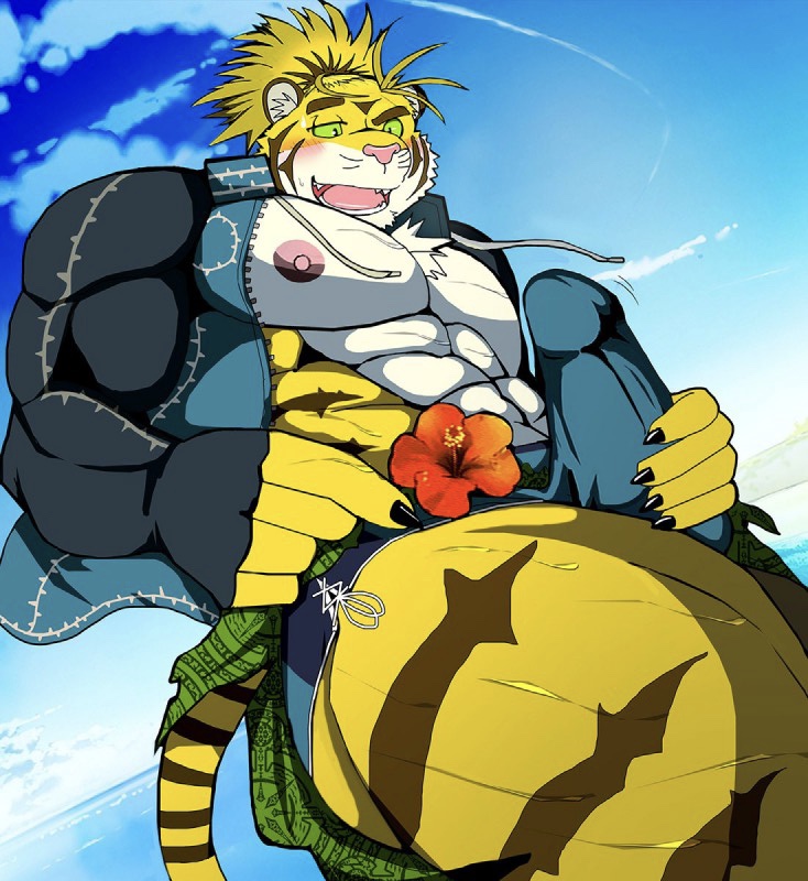 abs anthro bearlovestiger13 biped blush bodily_fluids bulge bulge_fondling bulge_grab claws clothing erection exhibitionism felid flower fur hair magan male mammal muscular muscular_anthro muscular_male nipples open_mouth pantherine pecs plant public sea smile solo striped_body striped_fur stripes sweat tiger tokyo_afterschool_summoners tongue video_games water