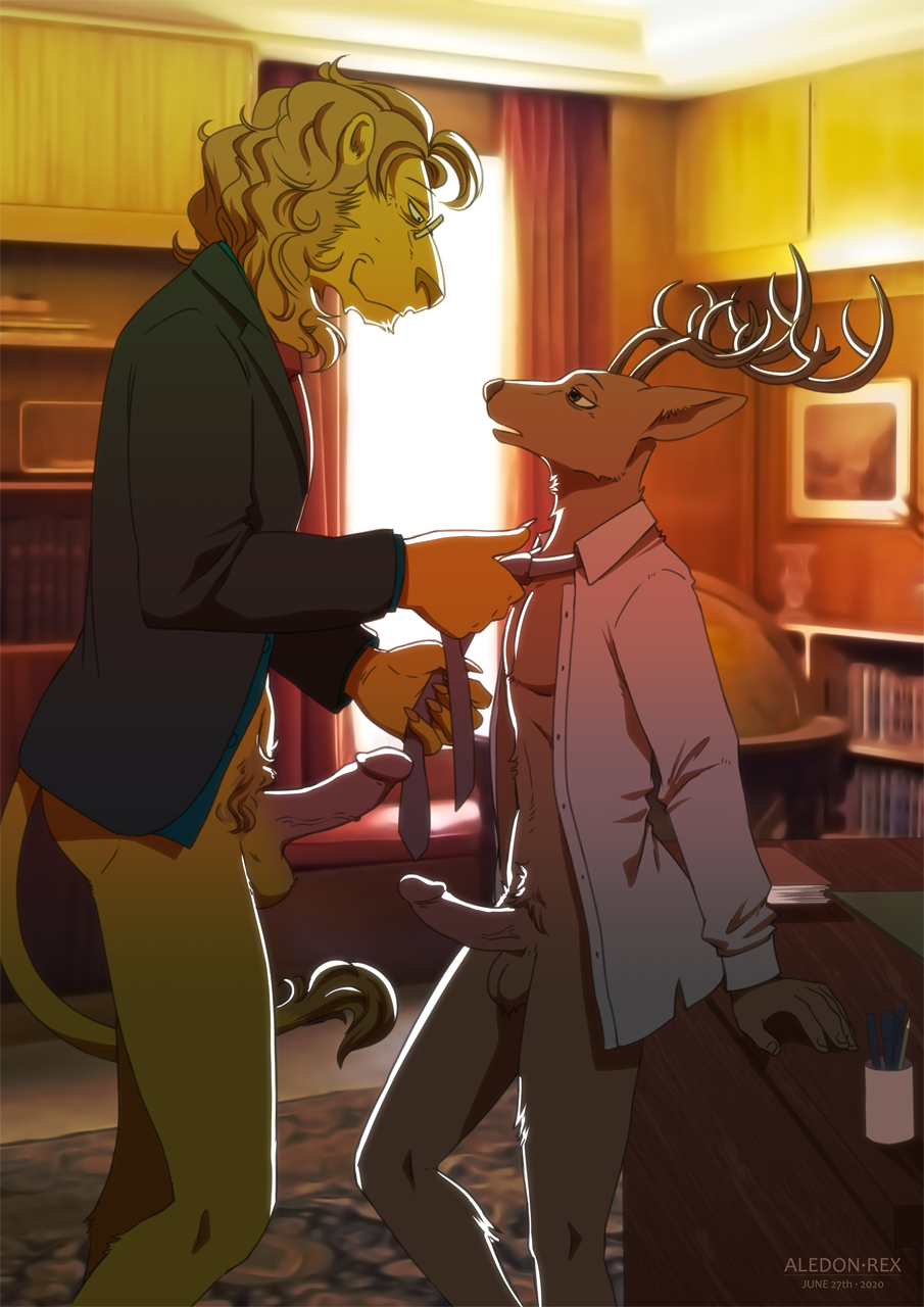 age_difference aledonrex anthro antlers balls beastars bottomless brown_body brown_fur cervid cervine clothed clothing desk duo erection eyewear felid fur furniture genitals glasses hair hi_res horn humanoid_genitalia humanoid_penis ibuki_(beastars) inside lion louis_(beastars) male male/male mammal mane necktie open_shirt pantherine partially_clothed penis penis_size_difference predator/prey pubes red_deer shirt size_difference smile standing suit tail_tuft topwear tuft unbuttoned_shirt yellow_body yellow_fur