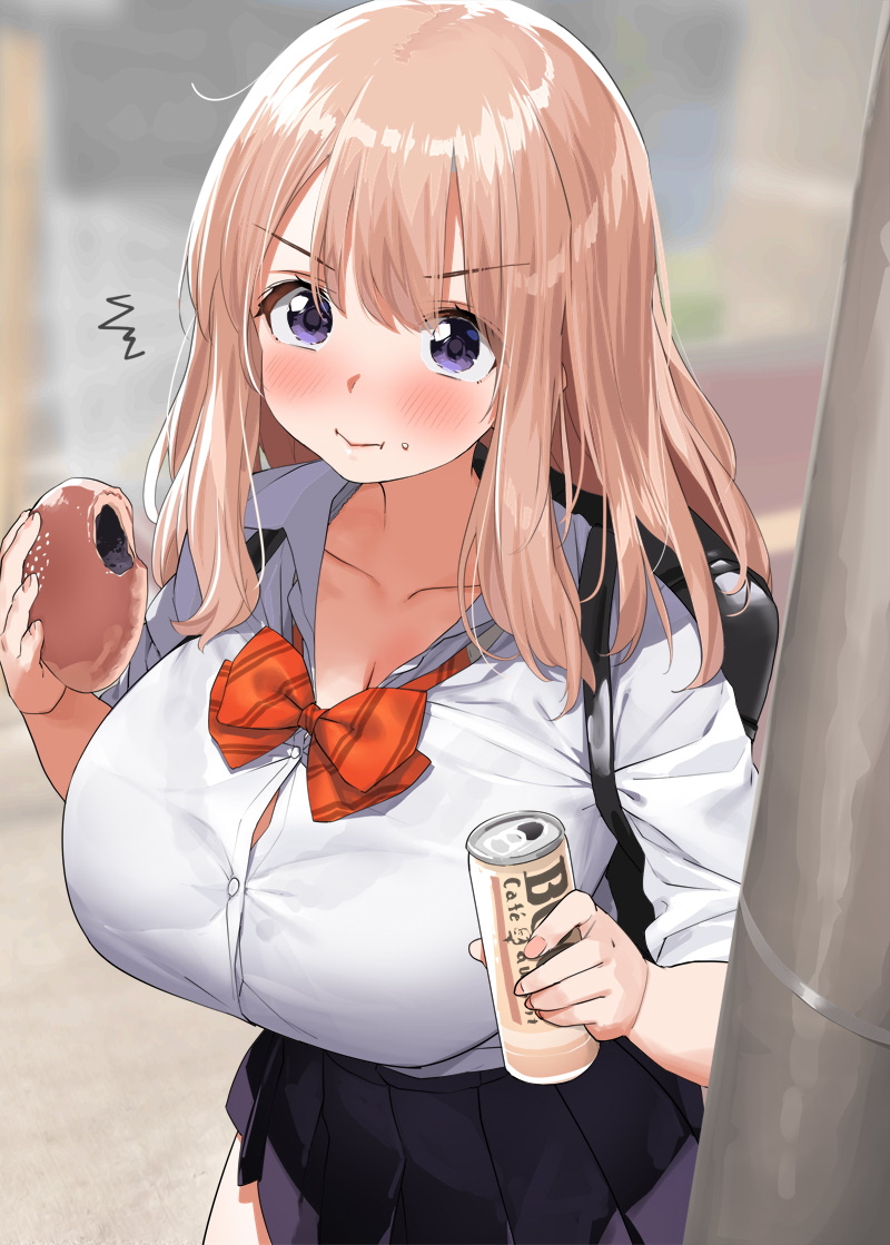 /\/\/\ 1girl anpan bag bangs black_skirt blonde_hair blush bow bowtie breasts cleavage closed_mouth collarbone eating eyebrows_visible_through_hair food holding holding_food kaisen_chuui large_breasts lips long_hair looking_at_viewer miniskirt original outdoors purple_eyes red_bow red_neckwear school_bag school_uniform shirt skirt solo standing telephone_pole white_shirt