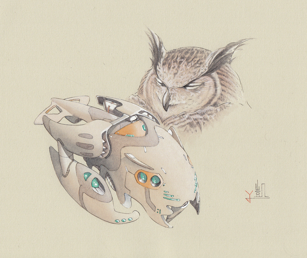 bird calligraphy_brush_(medium) gaimoon horned_owl mecha mechanization no_humans original owl signature simple_background tan_background traditional_media watercolor_(medium)