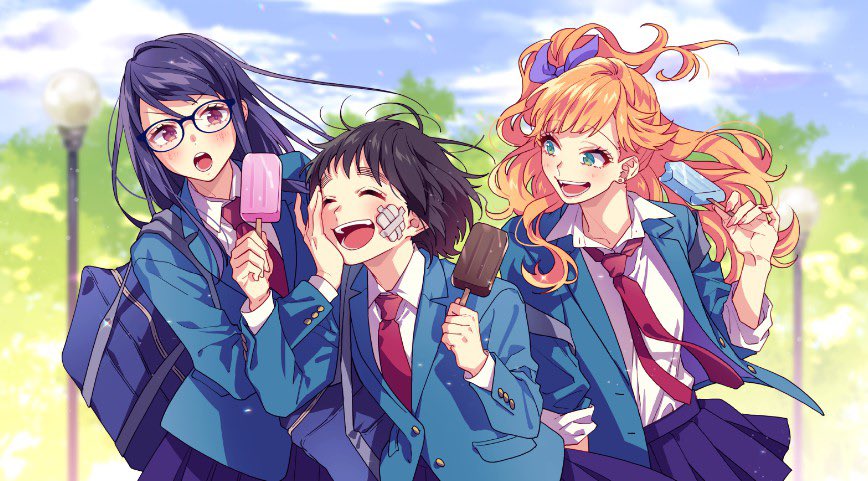 3girls :d bag bandage_on_face bangs black_hair blue_jacket blue_skirt blue_sky blush character_request closed_eyes cloud collared_shirt copyright_request dress_shirt food green_eyes hair_ribbon hand_on_another's_cheek hand_on_another's_face holding holding_food ice_cream_bar jacket lamppost long_hair looking_at_another multiple_girls open_clothes open_jacket open_mouth orange_hair outdoors pink_nails pleated_skirt purple_eyes purple_hair red_neckwear ribbon school_bag school_uniform shirt short_hair skirt sky sleeves_rolled_up smile swept_bangs tree white_shirt yamako_(state_of_children)