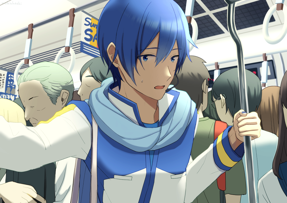 1boy blue_eyes blue_hair blue_nails blue_scarf coat commentary crowd faceless faceless_male ground_vehicle handrail kaito looking_at_viewer nail_polish nokuhashi open_mouth pole pov scarf sweat train train_interior upper_body vocaloid white_coat