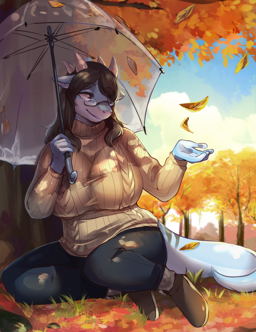 anthro autumn big_breasts big_tail breasts clothed clothing cloud curvy_figure dragon dragonmom_(rayka) eyewear falling_leaves female footwear fully_clothed glasses hair hi_res holding_object holding_umbrella horn huge_breasts kecapasin long_hair mature_female orange_leaves park safe scenery shoes sitting sitting_on_grass sitting_on_ground sky slightly_chubby soft solo sweater topwear tree umbrella