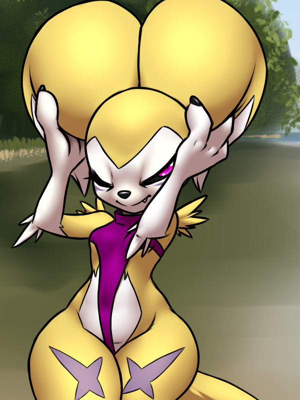 3:4 anthro breasts clothing detailed_background digimon digimon_(species) fan_character female furball impmon impmon_x markings one_eye_closed renimpmon renimpmon_x small_breasts smile smirk snaggle_tooth solo swimwear thick_thighs wide_hips