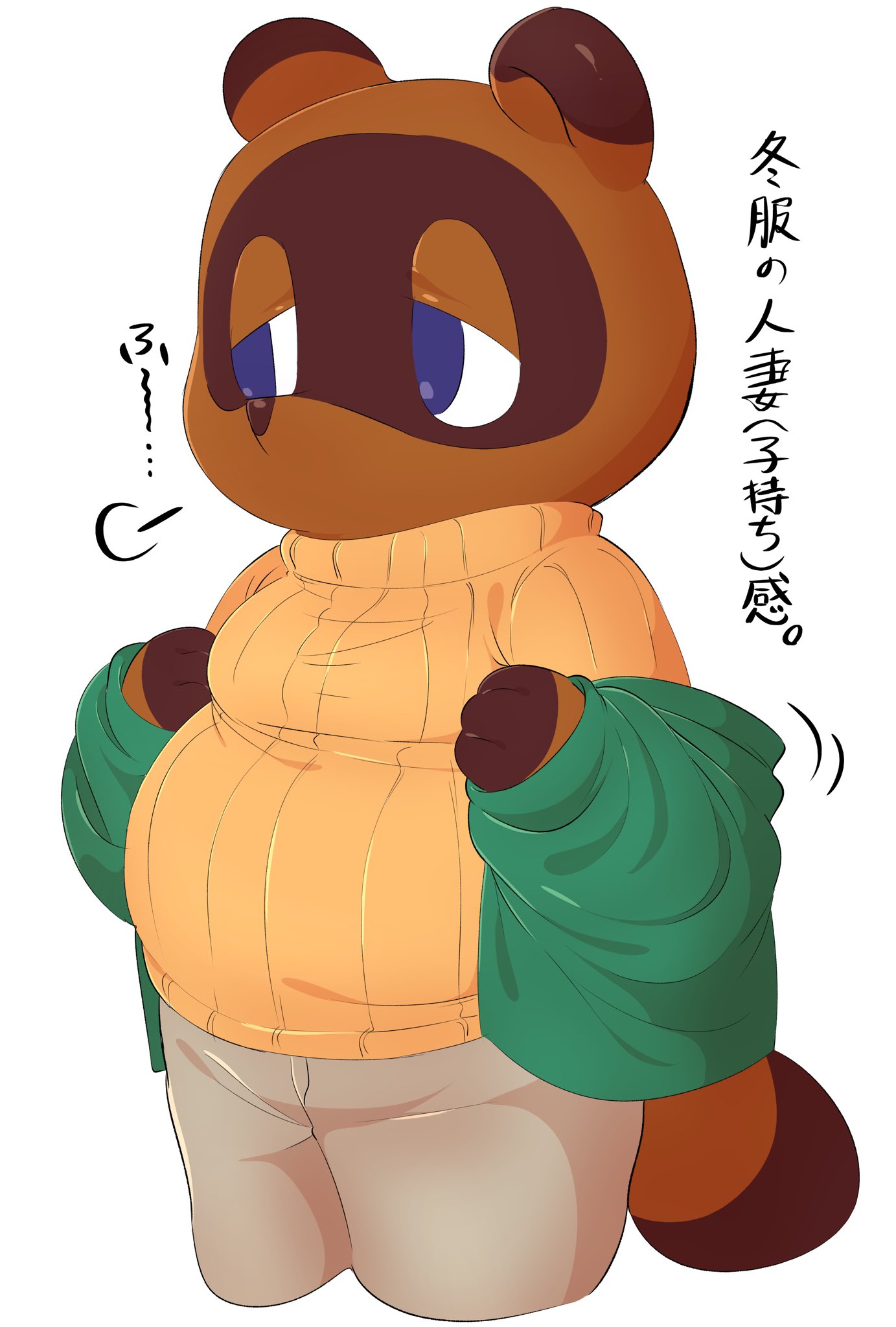2020 animal_crossing anthro blue_eyes bottomwear brown_body brown_fur canid canine clothing deme_0816 fur hi_res japanese_text kemono male mammal nintendo overweight overweight_anthro overweight_male pants raccoon_dog simple_background solo sweater tanuki text tom_nook_(animal_crossing) topwear video_games white_background