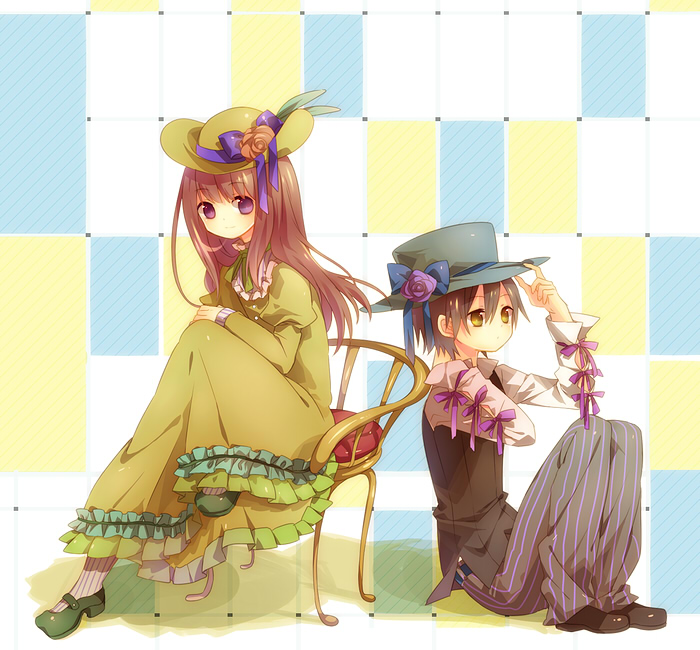 1girl bad_id bad_pixiv_id brown_hair copyright_request dress frills hand_on_headwear hat long_hair mary_janes pants pinstripe_pattern purple_eyes ribbon shoes short_hair smile striped yamiko yellow_eyes