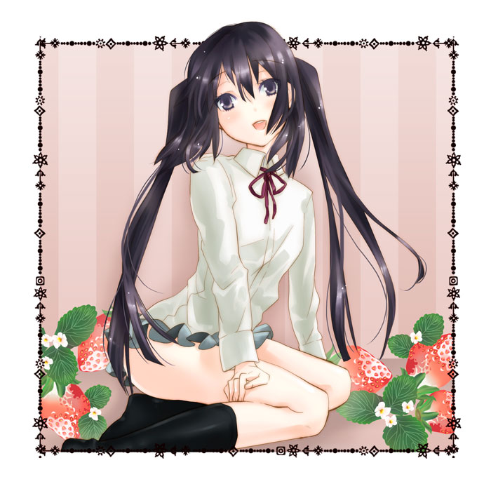 bad_id bad_pixiv_id black_eyes black_hair hoimi k-on! kneeling long_hair nakano_azusa neck_ribbon red_ribbon ribbon school_uniform solo twintails