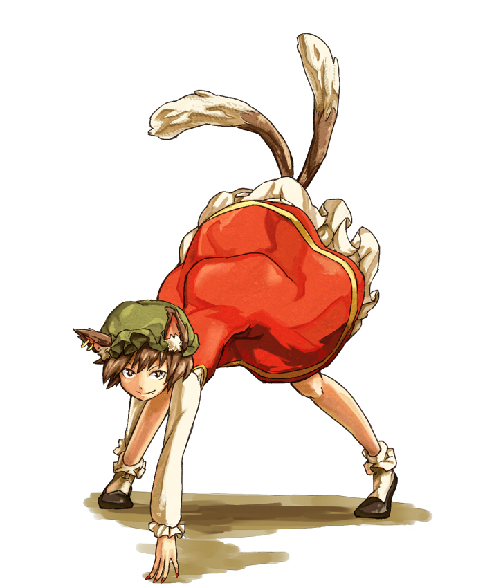 animal_ears bad_id bad_pixiv_id bent_over bobby_socks brown_eyes brown_hair cat_ears cat_tail chen dress fang hat imminent_pounce multiple_tails nail_polish outstretched_leg red_nails shibasaki_shouji short_hair simple_background smile socks solo tail top-down_bottom-up touhou