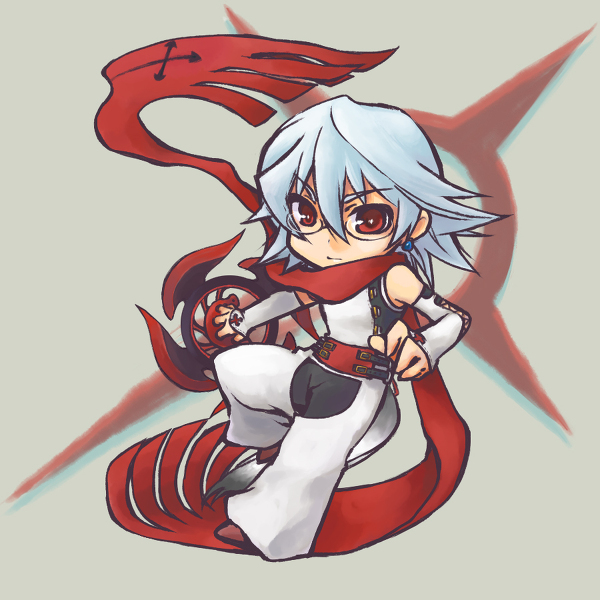 1boy aichi chibi detached_sleeves earrings glasses jewelry male male_focus naja_gref pixiv_thumbnail red_eyes resized scarf solo tail white_hair wolf_tail world_destruction