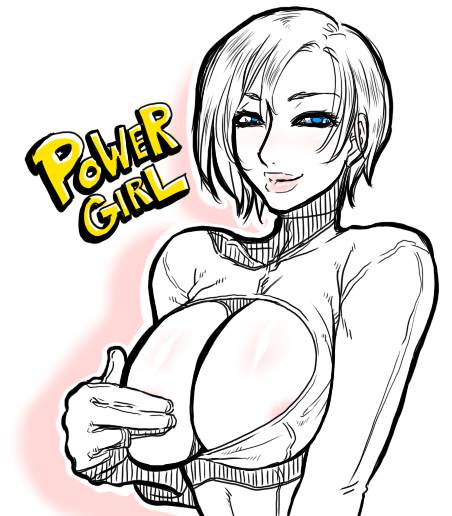 1girl big_breasts blue_eyes breasts cleavage cleavage_cutout dc_comics female large_breasts monochrome murata power_girl short_hair solo spot_color