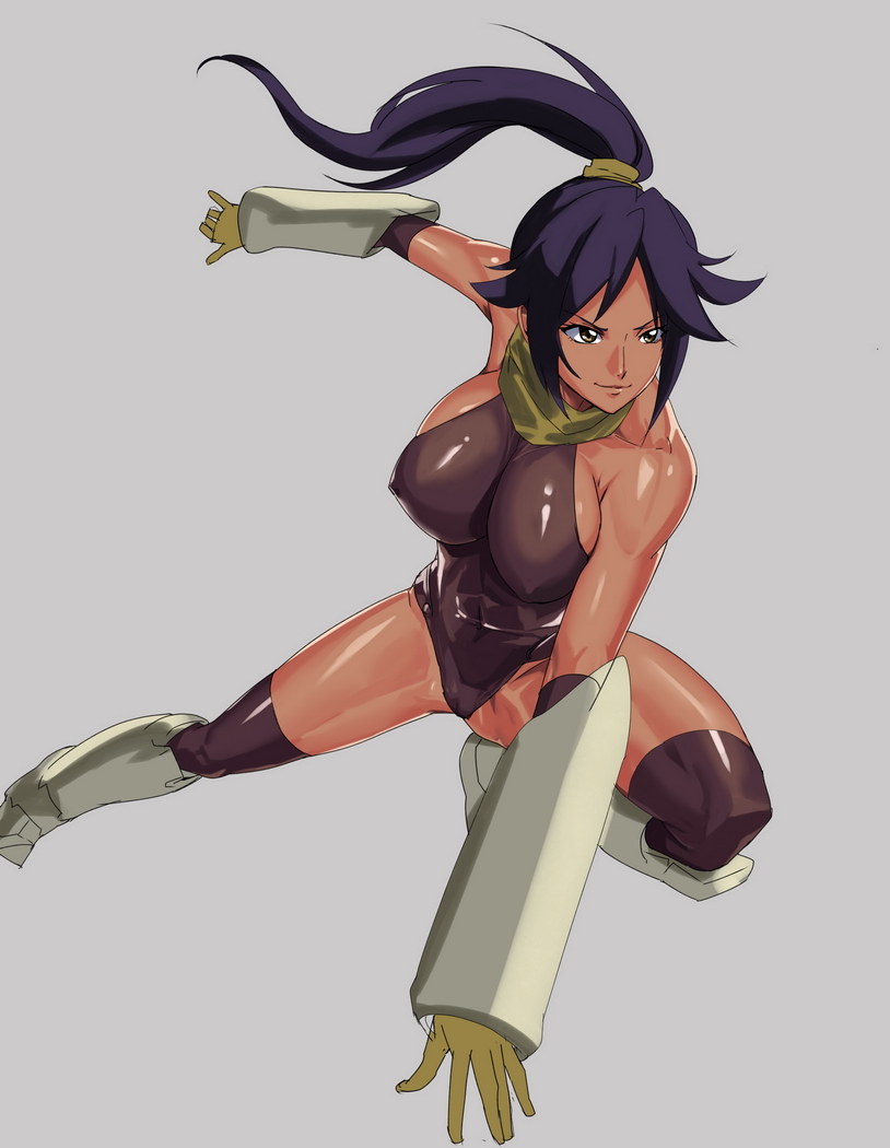 arm_support armor bangs bare_shoulders bleach boots breasts covered_nipples dark_skin detached_sleeves elbow_gloves fighting_stance foreshortening full_body gloves impossible_clothes knee_boots kneehighs kneeling large_breasts leotard long_hair looking_away makacoon ninja parted_bangs ponytail purple_hair scarf scrunchie shihouin_yoruichi shiny shiny_clothes sideboob simple_background sketch skin_tight smile solo spread_legs thighhighs thighs yellow_eyes
