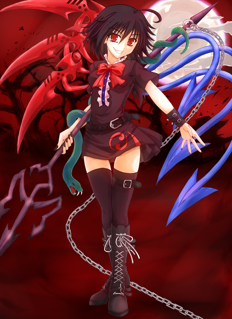 ahoge asymmetrical_wings belt black_hair black_legwear black_nails boots bow chain combat_boots cross-laced_footwear evil_grin evil_smile full_moon grin houjuu_nue knee_boots lace-up_boots legs looking_at_viewer mickey_dunn moon nail_polish polearm red_eyes short_hair smile snake solo thighhighs touhou trident weapon wings zettai_ryouiki