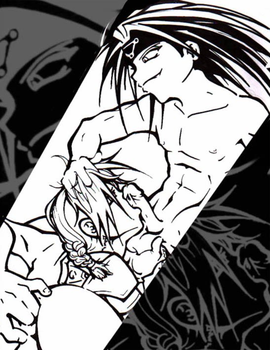 2boys abs ahoge anal anal_fingering ass automail black_hair braid darkpenguin edward_elric envy envy_(fma) fellatio fingering fullmetal_alchemist hair_grab hair_pull headband homunculus long_hair male male_focus monochrome multiple_boys muscle nipples nude oral penis prosthesis single_braid testicles yaoi