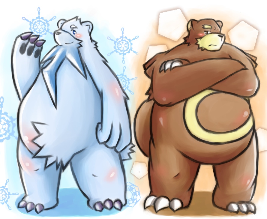 2011 anthro beartic belly biped blue_body blue_fur blush brown_body brown_fur duo fur ibuki_haruno kemono nintendo overweight pok&eacute;mon pok&eacute;mon_(species) ursaring video_games