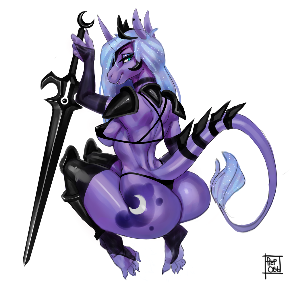 anthro anthrofied armor big_butt breasts butt clothing equid equine female friendship_is_magic holding_object holding_weapon horn looking_back mammal melee_weapon my_little_pony princess_luna_(mlp) reptilian_orbit simple_background solo sword thong underwear unicorn weapon white_background