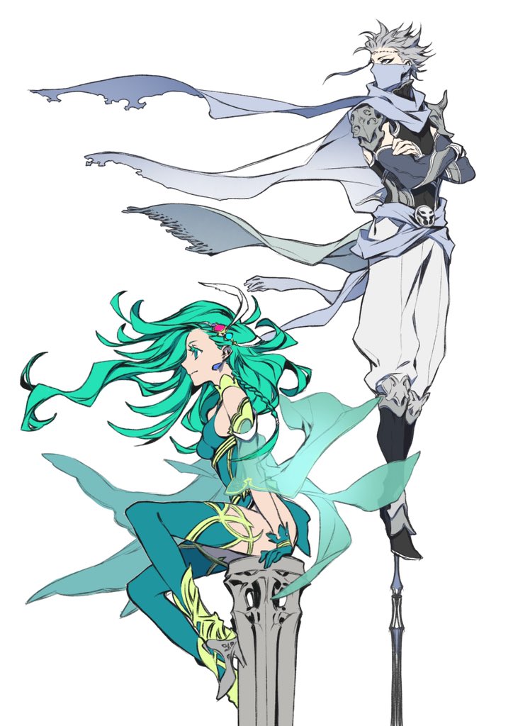 1boy 1girl blue_eyes cape crossed_arms detached_sleeves edward_geraldine final_fantasy final_fantasy_iv gloves green_eyes green_hair hair_ornament leotard long_hair mask miwa_shirou ninja older rydia thighhighs white_hair