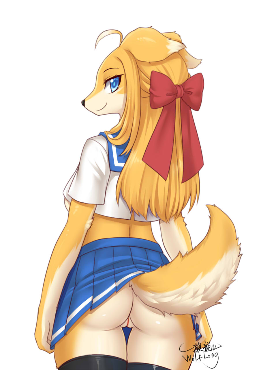2020 anthro blue_eyes bottomwear butt canid canine clothing female fur genitals hi_res kemono looking_at_viewer looking_back mammal no_underwear pussy rear_view shirt simple_background skirt smile solo standing topwear white_background wolflong yellow_body yellow_fur