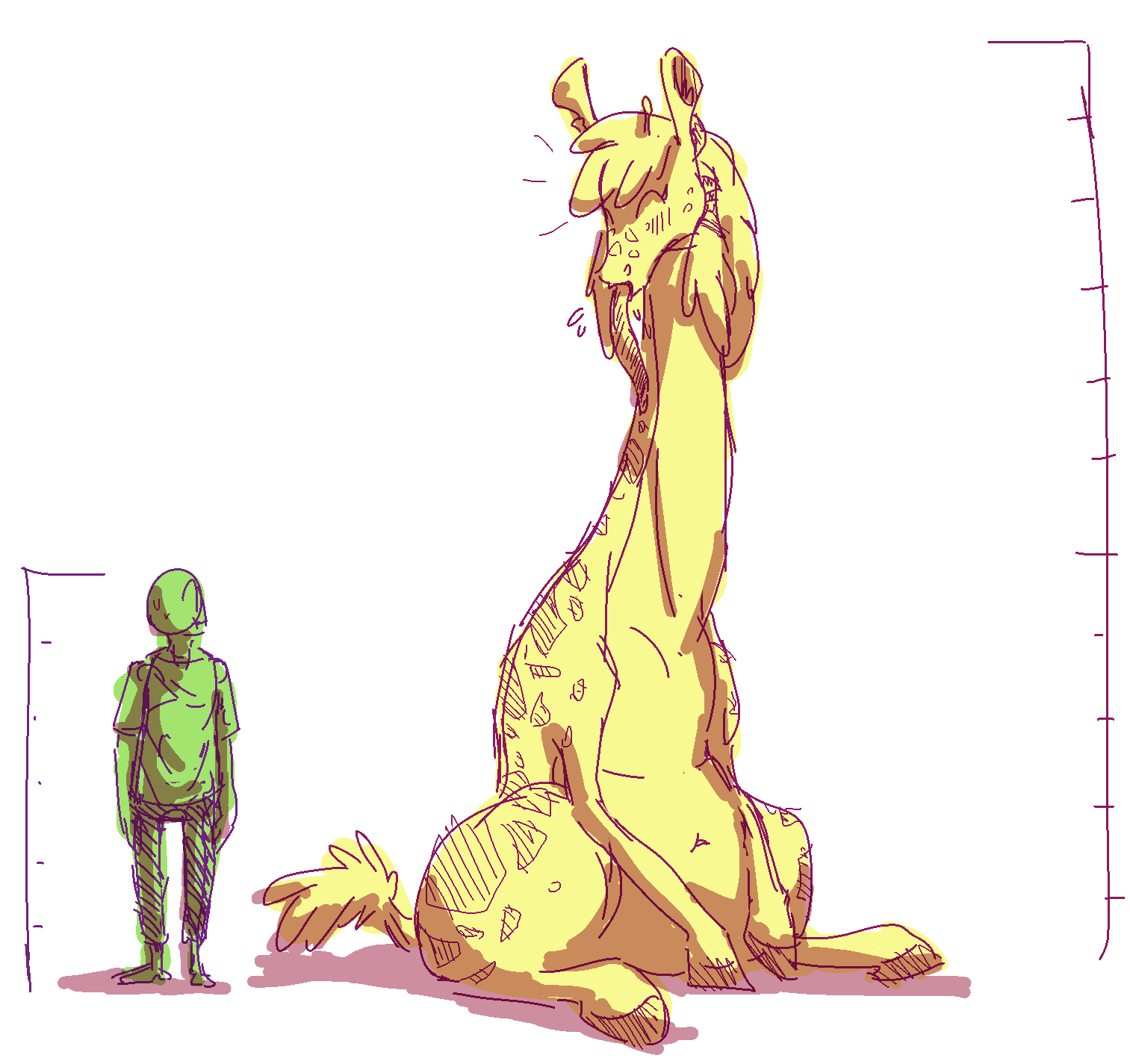 annabelle_(madmax) anon anthro bodily_fluids duo eyes_closed female feral giraffe giraffid happy hi_res human larger_feral long_tongue male mammal navel nervous nobby_(artist) size_chart size_difference slightly_chubby smaller_human sweat tail_tuft tongue tuft wide_hips
