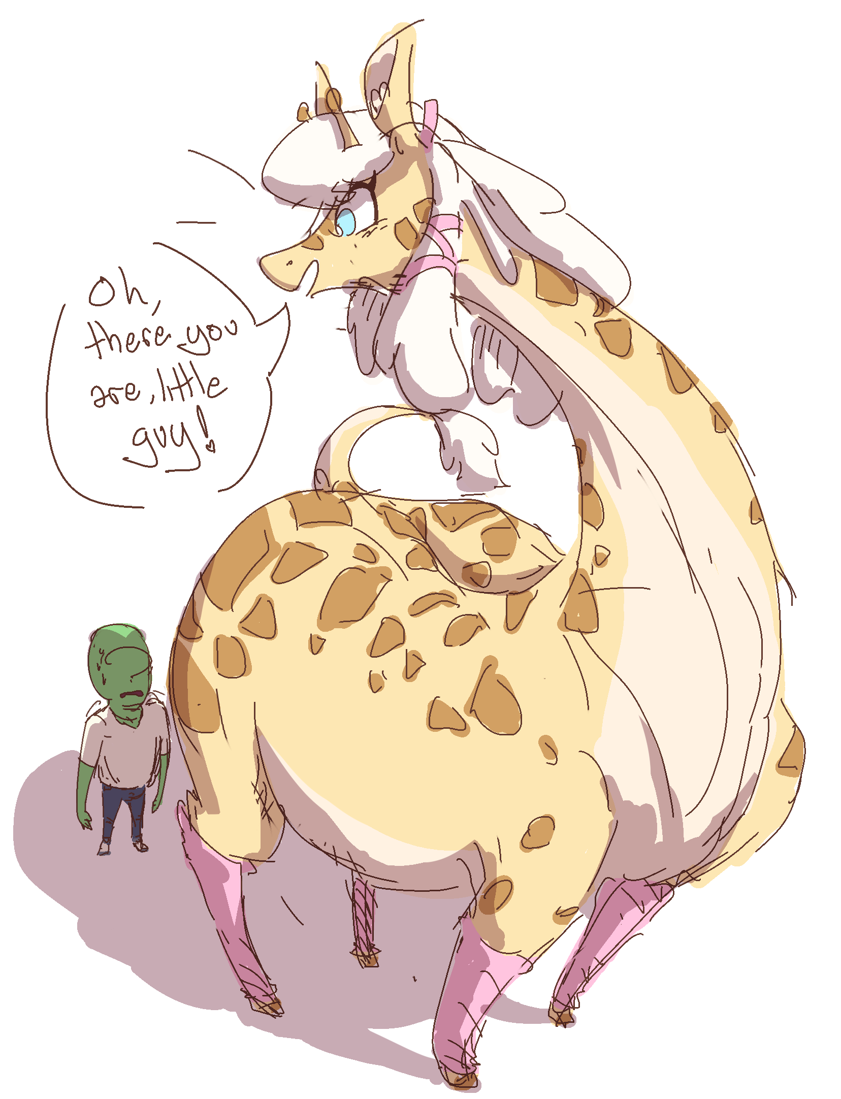 annabelle_(madmax) anon anthro blue_eyes bodily_fluids clothing dialogue duo female feral giraffe giraffid hi_res human larger_female larger_feral leg_warmers legwear male mammal nobby_(artist) size_difference slightly_chubby smaller_human smaller_male spots spotted_body sweat