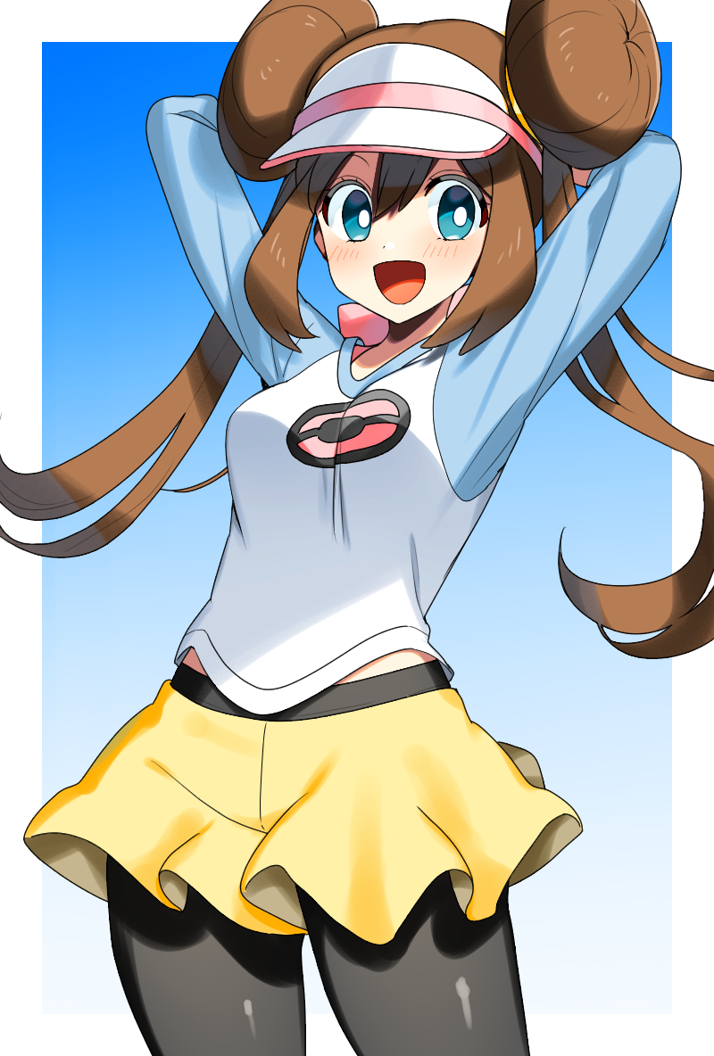 1girl :d arms_behind_head bangs black_legwear blue_eyes blush bow breasts brown_hair commentary_request cowboy_shot double_bun hair_between_eyes legwear_under_shorts long_hair looking_at_viewer mei_(pokemon) open_mouth pantyhose pink_bow pokemon pokemon_(game) pokemon_bw2 raglan_sleeves shirt short_shorts shorts smile solo tongue twintails very_long_hair visor_cap yellow_shorts yuihiko