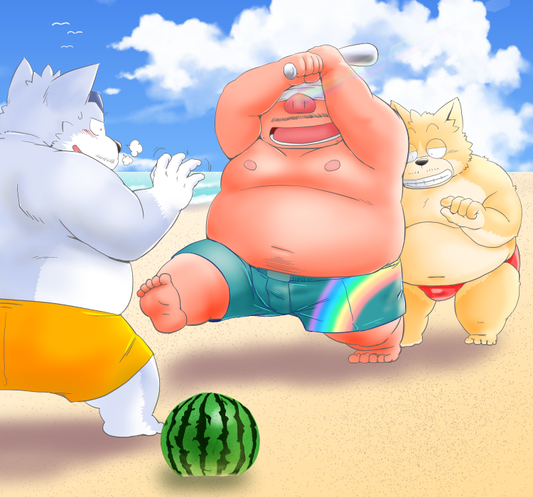 2020 anthro beach belly blush brown_body brown_fur bulge canid canine canis clothing domestic_dog domestic_pig fur group kemono male mammal moobs nipples outside overweight overweight_male seaside suid suina sus_(pig) swimwear toshi_(artist) water white_body white_fur