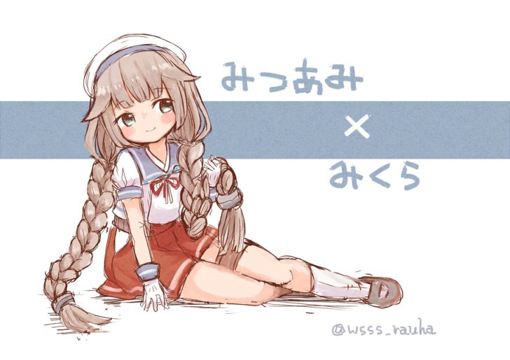 1girl alternate_hairstyle blue_sailor_collar braid commentary_request gloves green_eyes grey_hair hat hip_vent kantai_collection long_hair looking_to_the_side low_twintails mikura_(kantai_collection) pleated_skirt puffy_short_sleeves puffy_sleeves red_skirt sailor_collar sailor_hat sailor_shirt school_uniform serafuku shirt short_sleeves sitting skirt socks solo translation_request twin_braids twintails twitter_username white_gloves white_legwear white_shirt wss_(nicoseiga19993411) yokozuwari