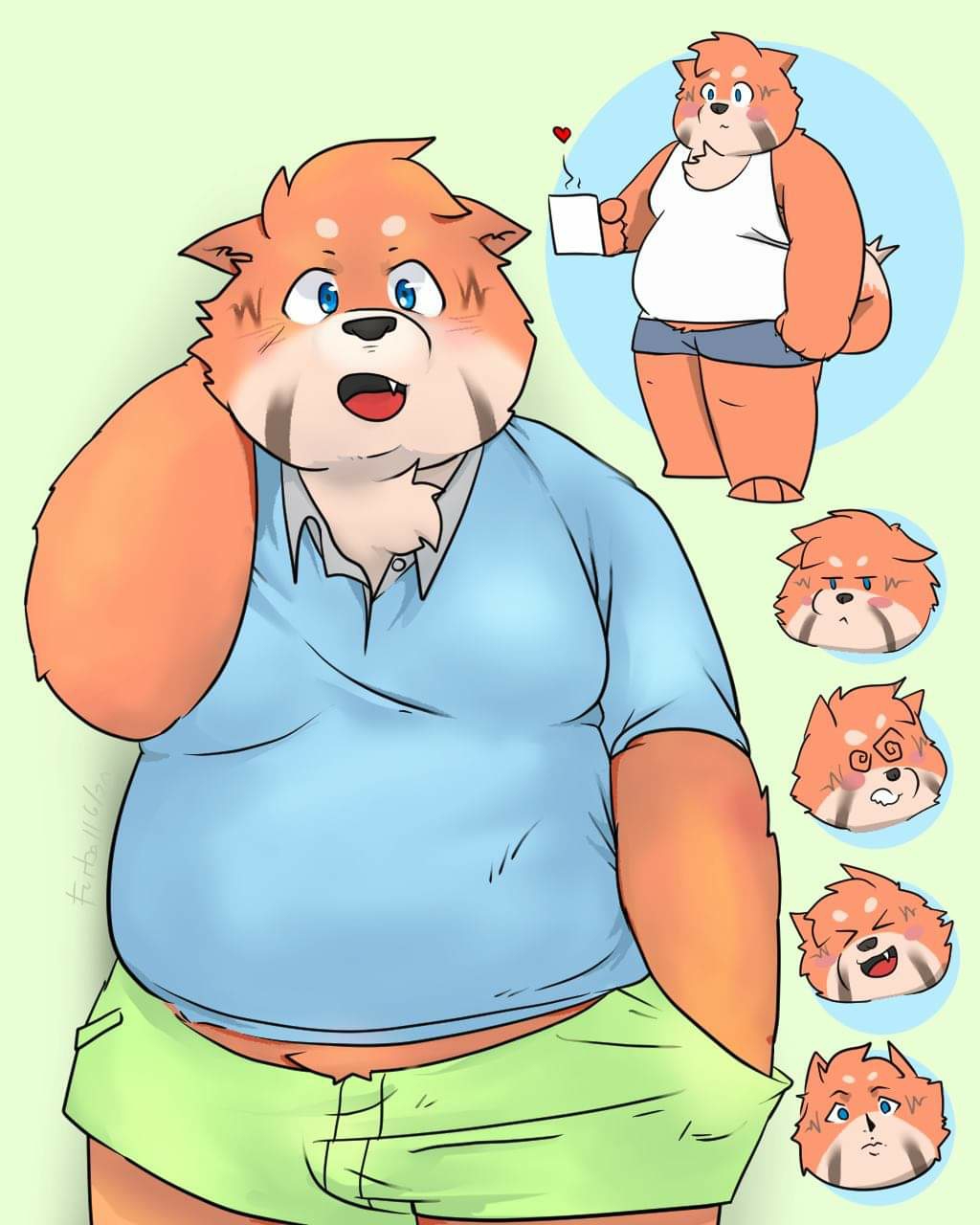 2020 4:5 anthro belly blue_eyes blush bottomwear canid canine canis clothing coffee_mug domestic_dog eyes_closed felid fur hi_res hybrid kemono male mammal orange_body orange_fur overweight overweight_anthro overweight_male pantherine qqmelon888 shiba_inu shirt shorts solo spitz tiger topwear