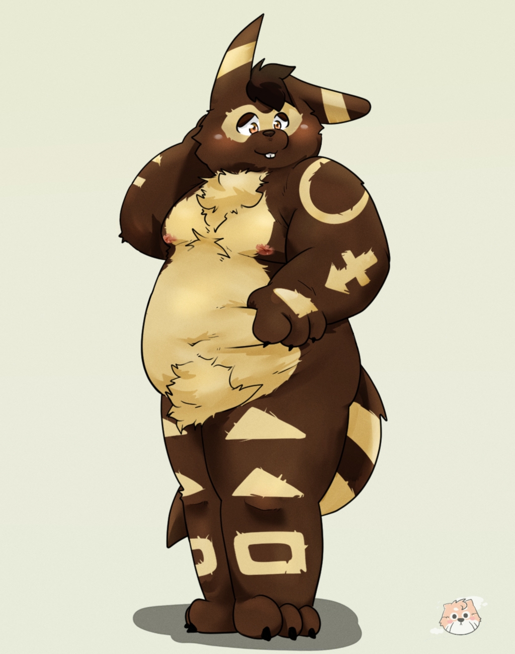 2020 anthro belly blush brown_body brown_fur fur hi_res kemono lagomorph leporid male mammal moobs nipples overweight overweight_anthro overweight_male qqmelon888 rabbit simple_background solo