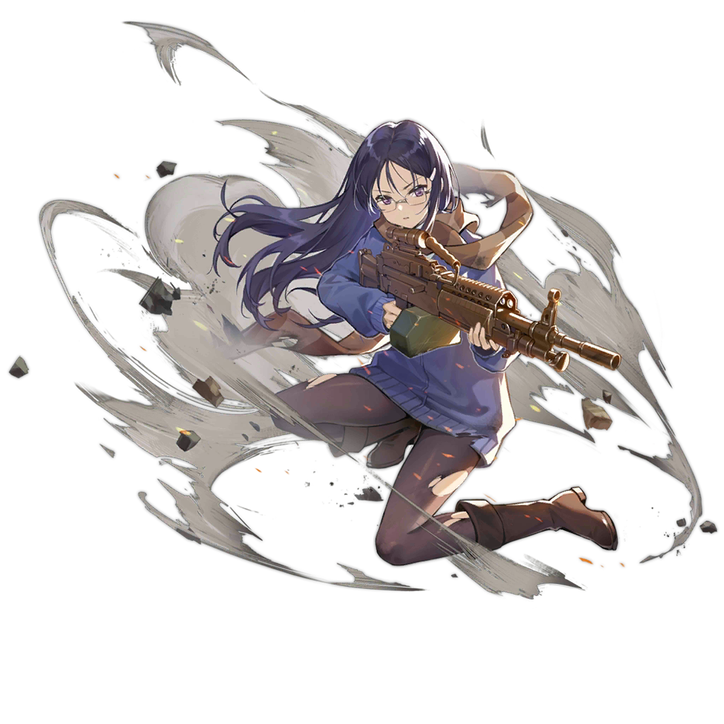 1girl aiming ammo_box bangs boots brown_footwear claes crossover damaged full_body girls_frontline glasses gun gunslinger_girl hair_ornament hairclip holding jacket long_hair long_sleeves looking_at_viewer m249 machine_gun official_art pantyhose parted_lips purple_eyes purple_hair scope solo torn_clothes torn_legwear transparent_background weapon