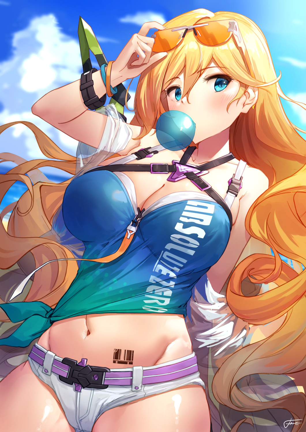 1girl adjusting_eyewear bangs barcode_tattoo belt bianka_durandal_ataegina bikini_shorts blonde_hair blue_eyes blush breasts bubble_blowing day eyewear_on_head hair_between_eyes highres honkai_(series) honkai_impact_3rd large_breasts long_hair looking_at_viewer midriff navel outdoors shiny shiny_skin shirt shorts solo stomach sunglasses tattoo thighs tied_shirt tinted_eyewear very_long_hair xfate