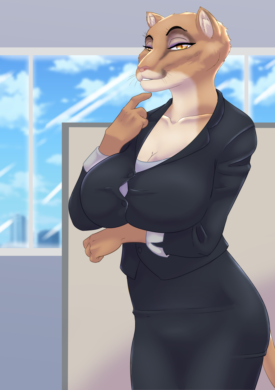 2020 akiric anthro big_breasts blue_sky breasts cheek_tuft clothed clothing cloud cougar eyeshadow facial_tuft felid feline female half-closed_eyes head_tuft hi_res huge_breasts inner_ear_fluff inside looking_at_viewer makeup mammal narrowed_eyes office purple_eyeshadow sky suit tuft whiskers window yellow_eyes