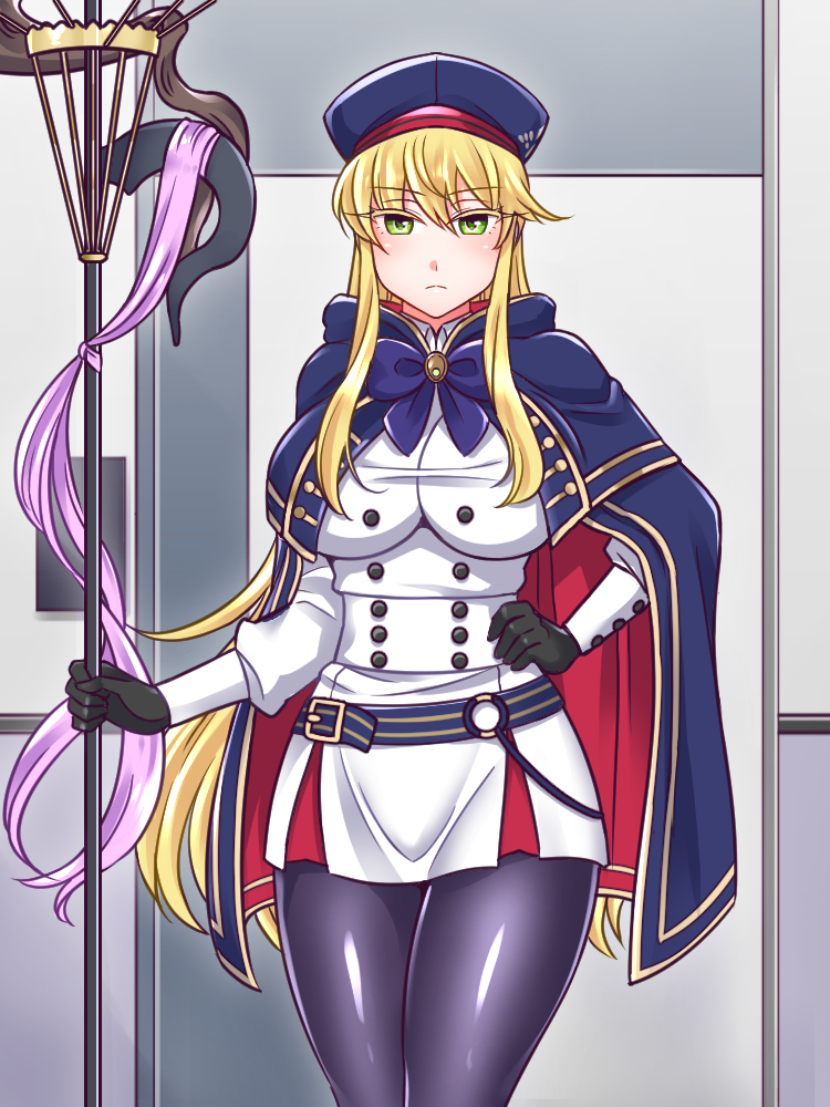 1girl artoria_pendragon_(all) artoria_pendragon_(caster) artoria_pendragon_(caster)_(cosplay) artoria_pendragon_(lancer) bangs black_gloves blonde_hair breasts cape commentary_request cosplay double-breasted fate/grand_order fate_(series) gloves hand_on_hip hat holding holding_staff large_breasts long_hair looking_at_viewer mabo-udon purple_legwear solo staff