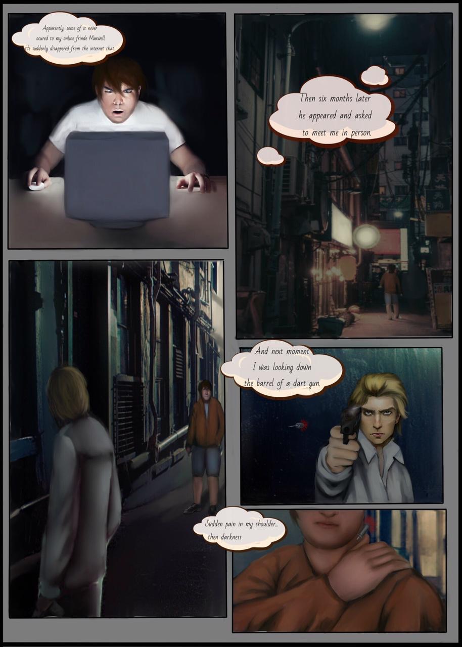 alley_way blonde_hair bottomwear city clothed clothing coat comic computer dart duo gun hair hi_res human humanoid irene_fox jacket male mammal night not_furry pants peculiarart ranged_weapon red_hair shorts speech_bubble topwear tranquilized tranquilizer weapon