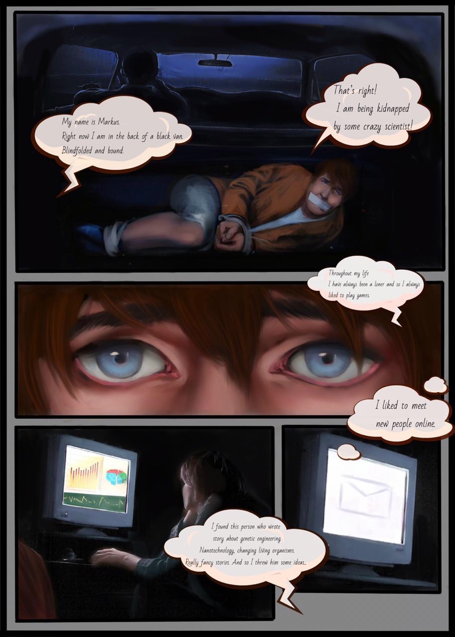 blue_eyes bottomwear bound car clothing comic computer driving duo hair hands_tied hi_res human irene_fox kidnapping legs_tied lying male mammal not_furry on_side peculiarart red_hair scared shorts speech_bubble taped_mouth vehicle