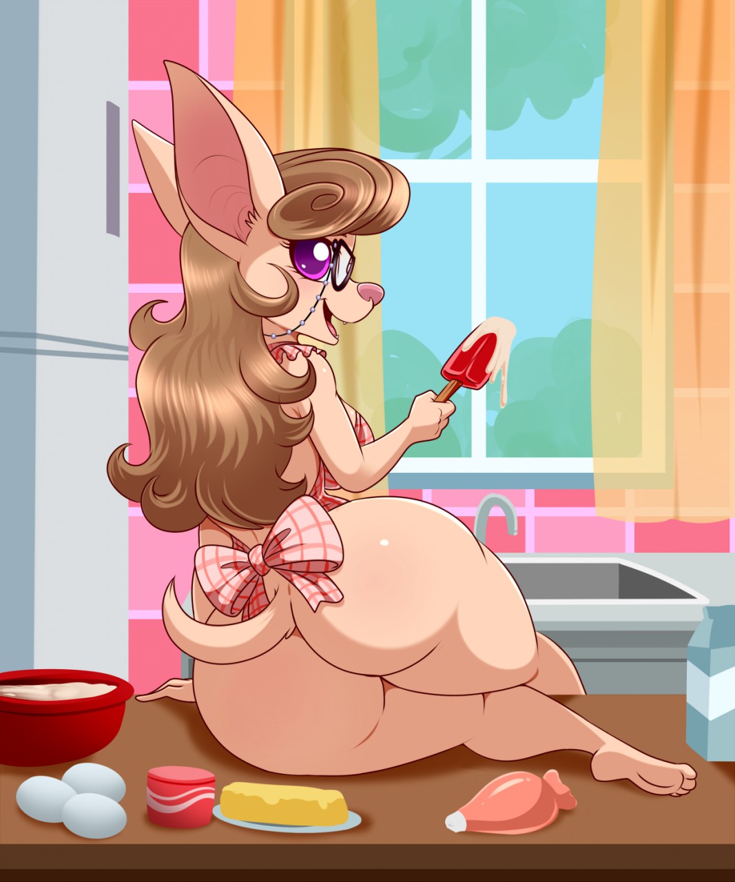 anthro apron butt butter canid canine canis chihuahua clothing curtains dairy_products domestic_dog egg eyewear female food fridge frosting glasses hair hi_res lonbluewolf mammal milk renee_gildings sink solo soulblader toy_dog window